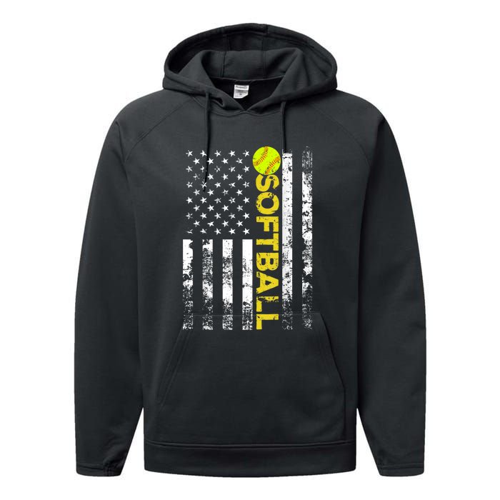 American Flag Softball Team Gift Performance Fleece Hoodie