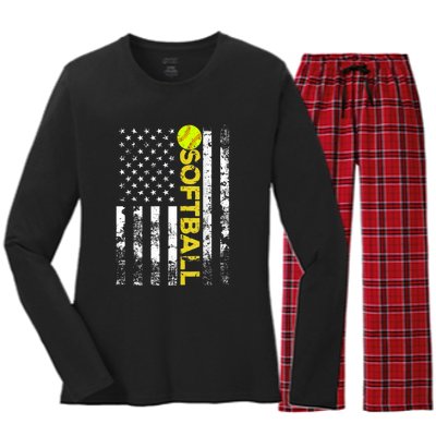 American Flag Softball Team Gift Women's Long Sleeve Flannel Pajama Set 