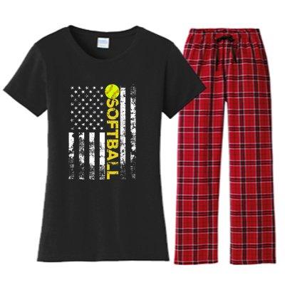 American Flag Softball Team Gift Women's Flannel Pajama Set