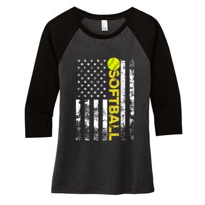 American Flag Softball Team Gift Women's Tri-Blend 3/4-Sleeve Raglan Shirt