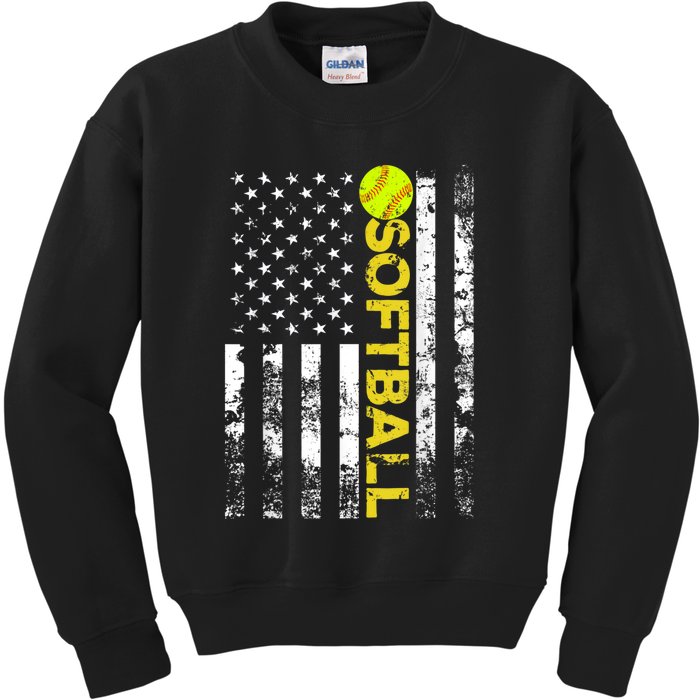 American Flag Softball Team Gift Kids Sweatshirt