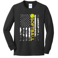 American Flag Softball Team Gift Kids Long Sleeve Shirt