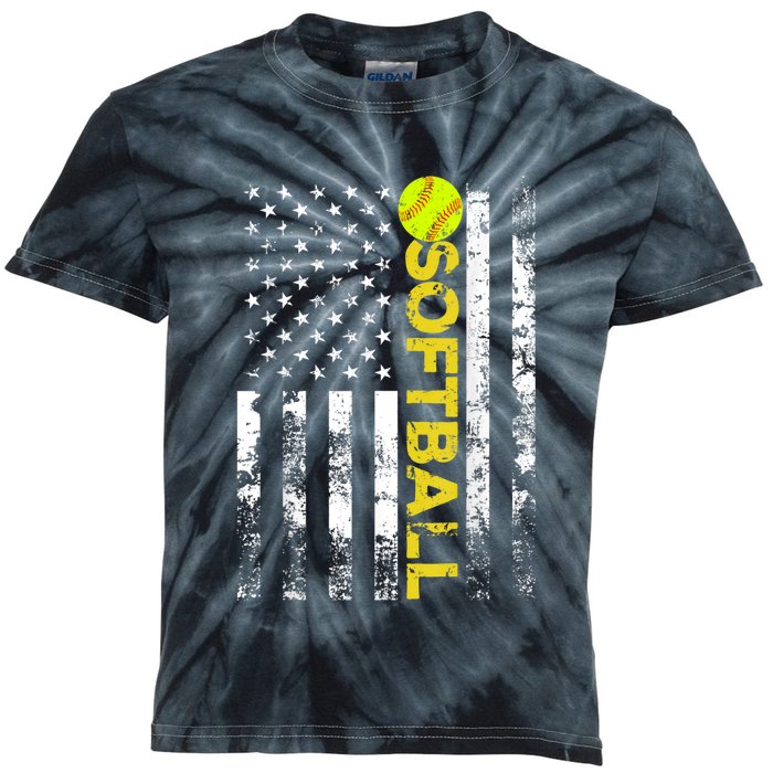 American Flag Softball Team Gift Kids Tie-Dye T-Shirt