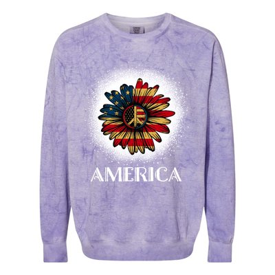 American Flag Sunflower America Patriotic July 4th Bleached Gift Colorblast Crewneck Sweatshirt