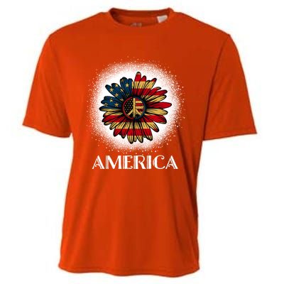 American Flag Sunflower America Patriotic July 4th Bleached Gift Cooling Performance Crew T-Shirt