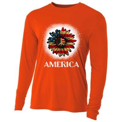 American Flag Sunflower America Patriotic July 4th Bleached Gift Cooling Performance Long Sleeve Crew