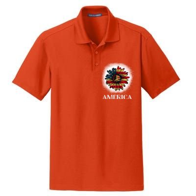 American Flag Sunflower America Patriotic July 4th Bleached Gift Dry Zone Grid Polo