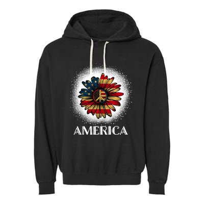 American Flag Sunflower America Patriotic July 4th Bleached Gift Garment-Dyed Fleece Hoodie