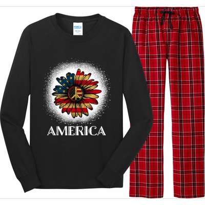 American Flag Sunflower America Patriotic July 4th Bleached Gift Long Sleeve Pajama Set