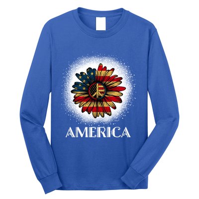 American Flag Sunflower America Patriotic July 4th Bleached Gift Long Sleeve Shirt