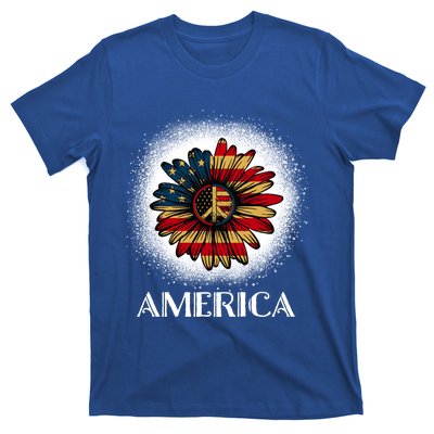 American Flag Sunflower America Patriotic July 4th Bleached Gift T-Shirt