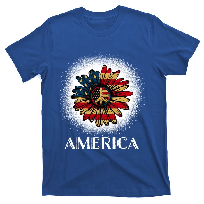 American Flag Sunflower America Patriotic July 4th Bleached Gift T-Shirt