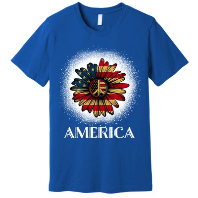 American Flag Sunflower America Patriotic July 4th Bleached Gift Premium T-Shirt