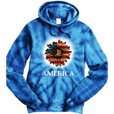 American Flag Sunflower America Patriotic July 4th Bleached Gift Tie Dye Hoodie