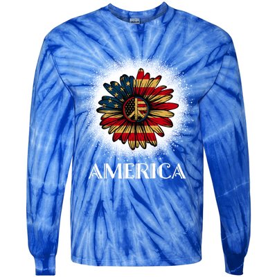 American Flag Sunflower America Patriotic July 4th Bleached Gift Tie-Dye Long Sleeve Shirt