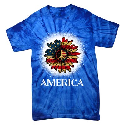 American Flag Sunflower America Patriotic July 4th Bleached Gift Tie-Dye T-Shirt