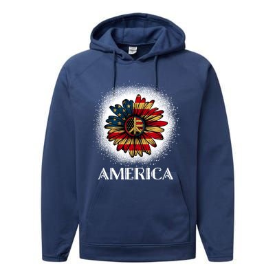 American Flag Sunflower America Patriotic July 4th Bleached Gift Performance Fleece Hoodie