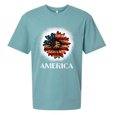 American Flag Sunflower America Patriotic July 4th Bleached Gift Sueded Cloud Jersey T-Shirt