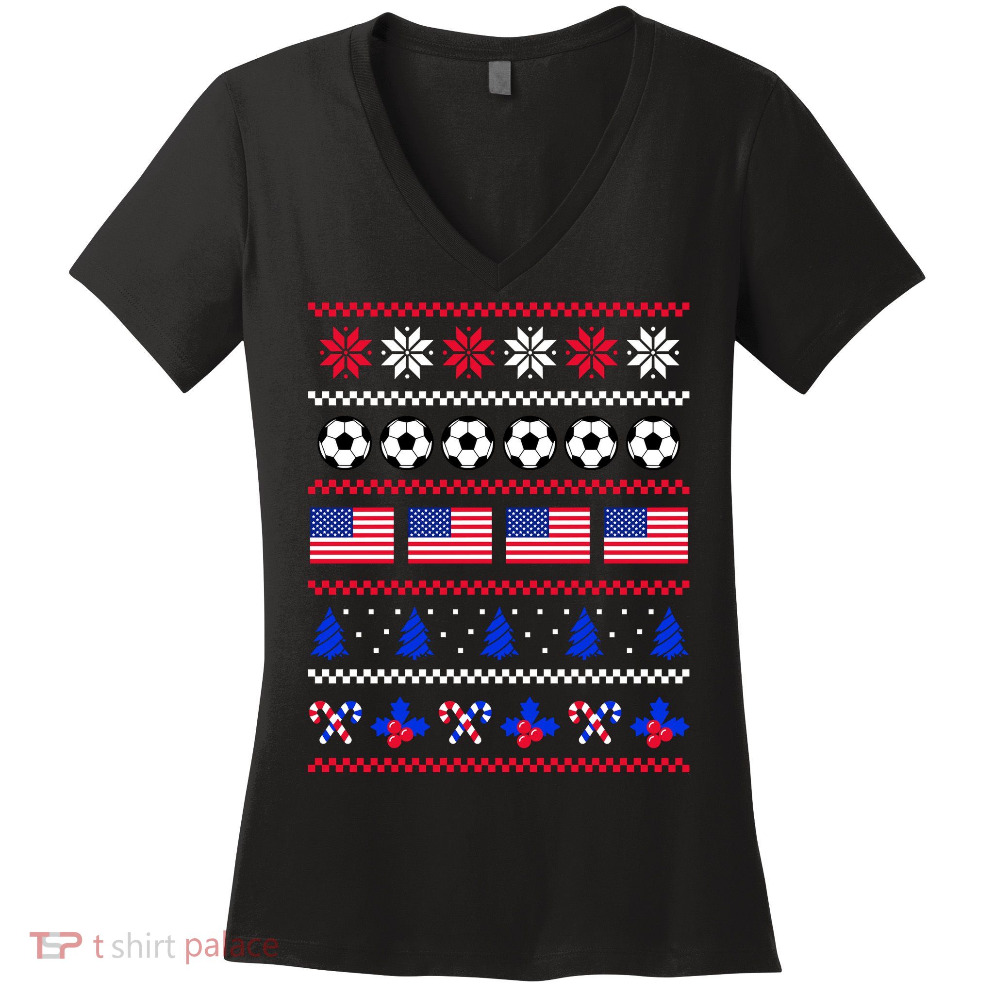 American Flag Soccer Ugly Christmas Sweater America USA Women's V-Neck T-Shirt