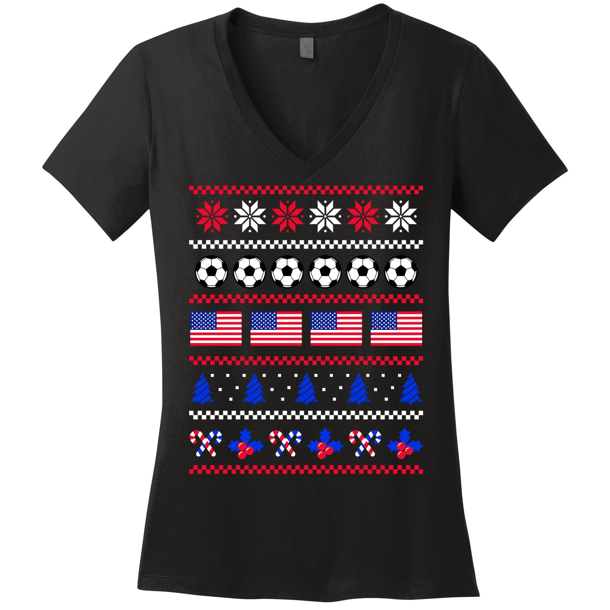 American Flag Soccer Ugly Christmas Sweater America USA Women's V-Neck T-Shirt