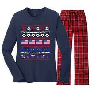 American Flag Soccer Ugly Christmas Sweater America USA Women's Long Sleeve Flannel Pajama Set 