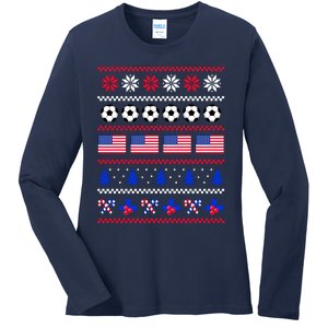 American Flag Soccer Ugly Christmas Sweater America USA Ladies Long Sleeve Shirt