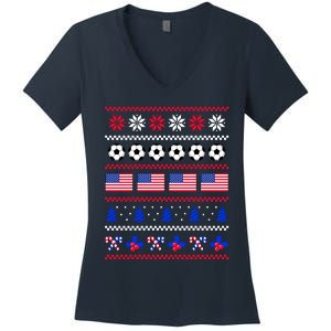 American Flag Soccer Ugly Christmas Sweater America USA Women's V-Neck T-Shirt