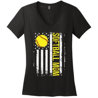 American Flag Softball Team Softball Mom Mothers Day Women's V-Neck T-Shirt