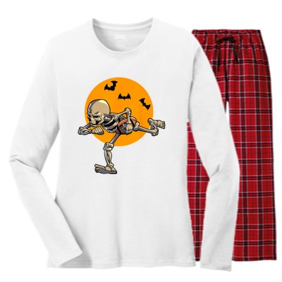 American Football Skeleton Halloween Football Fan Women's Long Sleeve Flannel Pajama Set 