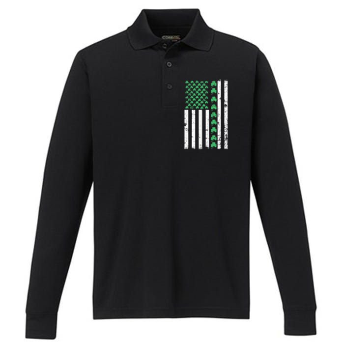 American Flag St Patricks Day Vintage Irish Lucky Performance Long Sleeve Polo