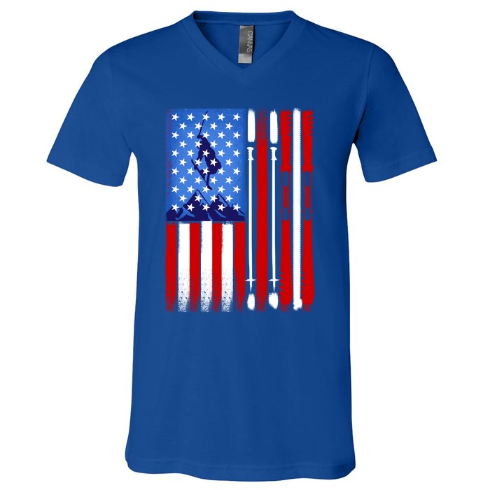 American Flag Skiing Gift V-Neck T-Shirt