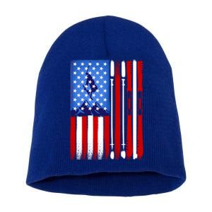 American Flag Skiing Gift Short Acrylic Beanie