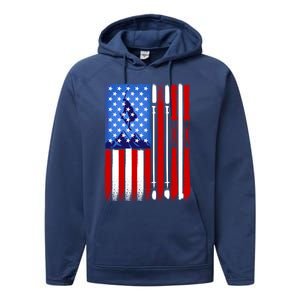 American Flag Skiing Gift Performance Fleece Hoodie