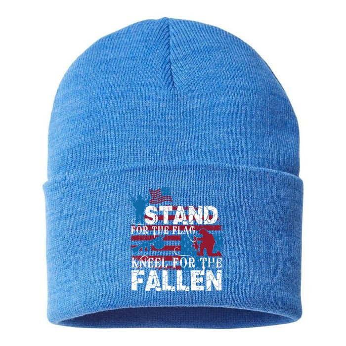 American Flag Stand For The Flag Knees For The Fallen Gift Sustainable Knit Beanie