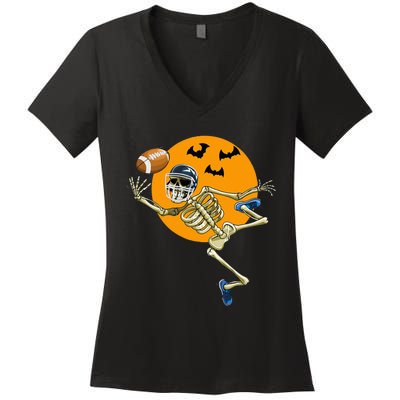 American Football Skeleton Halloween Football Fan Women's V-Neck T-Shirt