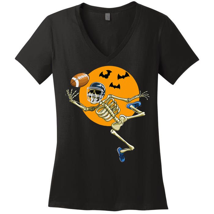 American Football Skeleton Halloween Football Fan Women's V-Neck T-Shirt