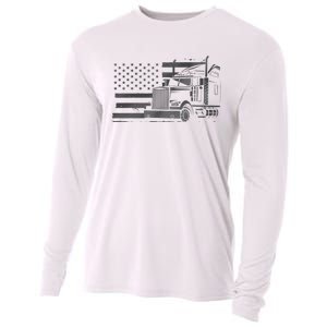 American Flag Semi Truck Driver 18 Wheeler Patriotic Trucker Cooling Performance Long Sleeve Crew