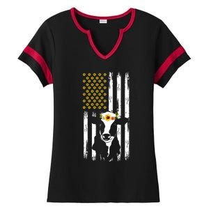 American Flag Sunflower Cow Lovers Patriotic Cows Farmer Cool Gift Ladies Halftime Notch Neck Tee