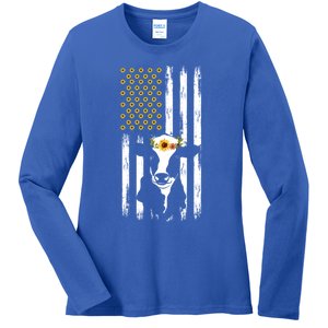 American Flag Sunflower Cow Lovers Patriotic Cows Farmer Cool Gift Ladies Long Sleeve Shirt