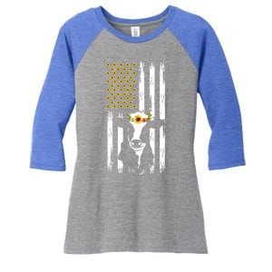 American Flag Sunflower Cow Lovers Patriotic Cows Farmer Cool Gift Women's Tri-Blend 3/4-Sleeve Raglan Shirt