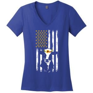 American Flag Sunflower Cow Lovers Patriotic Cows Farmer Cool Gift Women's V-Neck T-Shirt