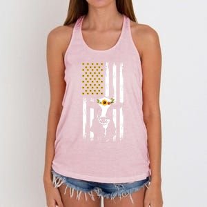 American Flag Sunflower Cow Lovers Patriotic Cows Farmer Cool Gift Women's Knotted Racerback Tank