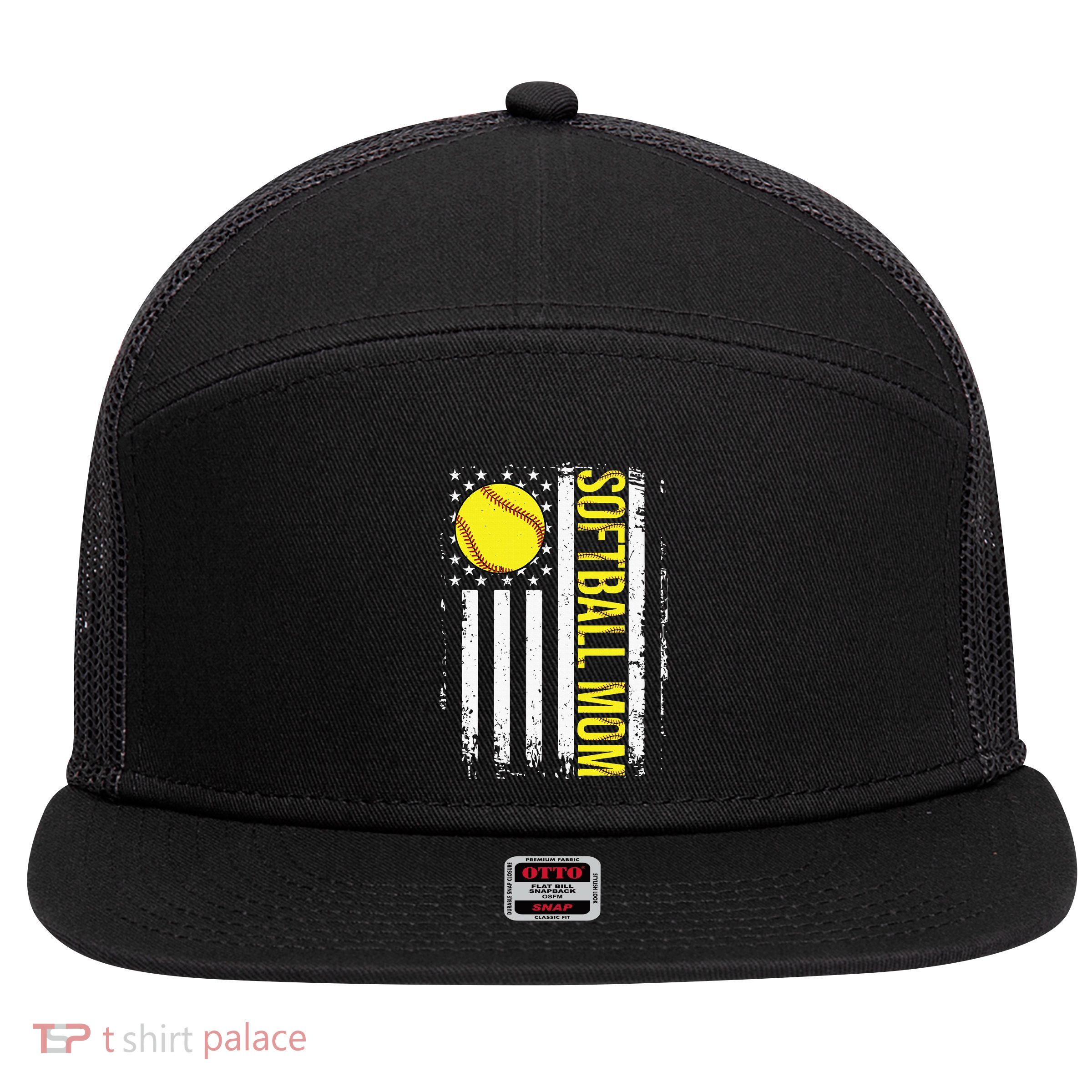American Flag Softball Team Softball Mom Mothers Day 7 Panel Mesh Trucker Snapback Hat