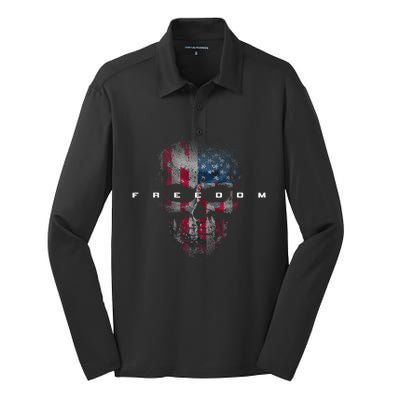 American Flag Skull Silk Touch Performance Long Sleeve Polo