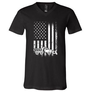 American Flag Snow Plow Driver, Snow Plowing V-Neck T-Shirt