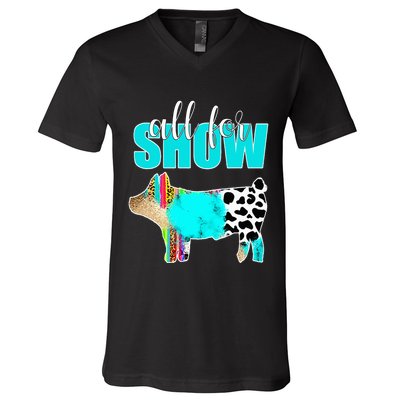 All For Show Livestock Pig Swine Cow Print Serape Turquoise V-Neck T-Shirt