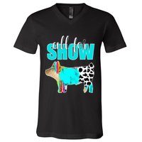 All For Show Livestock Pig Swine Cow Print Serape Turquoise V-Neck T-Shirt