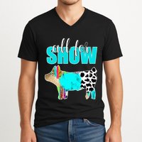 All For Show Livestock Pig Swine Cow Print Serape Turquoise V-Neck T-Shirt