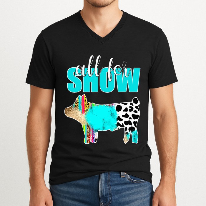 All For Show Livestock Pig Swine Cow Print Serape Turquoise V-Neck T-Shirt