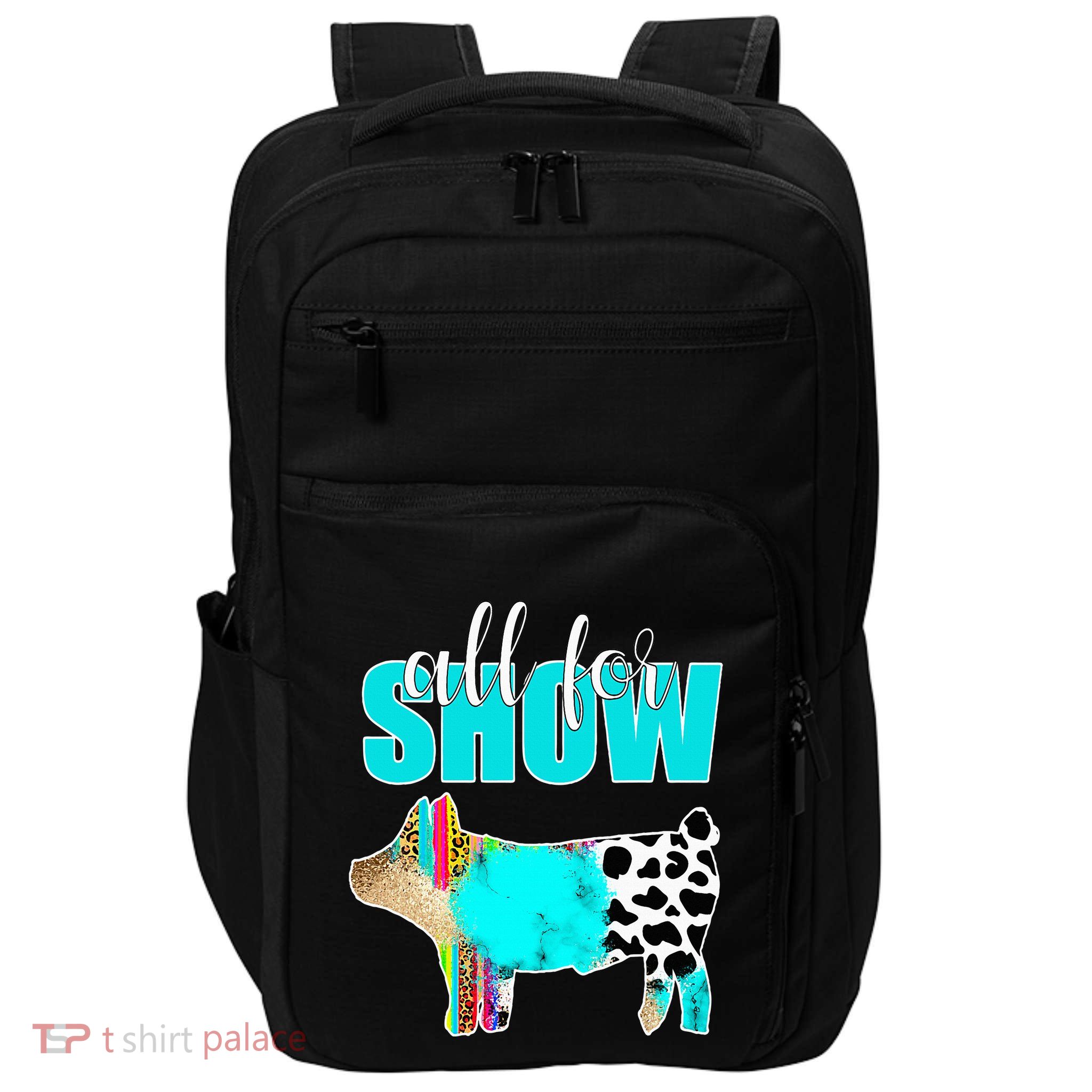 All For Show Livestock Pig Swine Cow Print Serape Turquoise Impact Tech Backpack